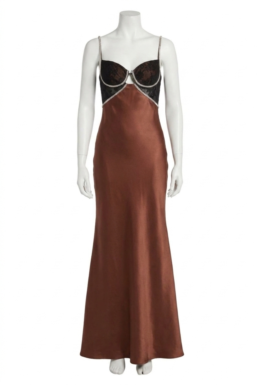 NEW SELF-PORTRAIT women's satin diamante gown in brown